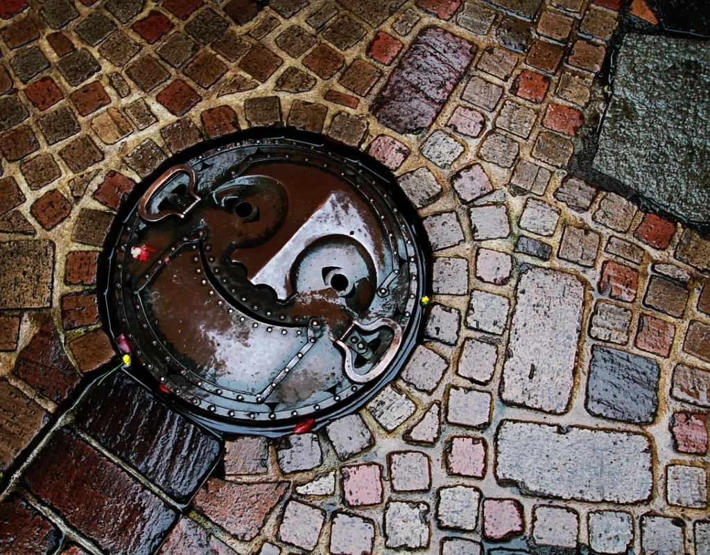 Shiny steampunk-style manhole cover set in colorful cobblestones on a rainy day