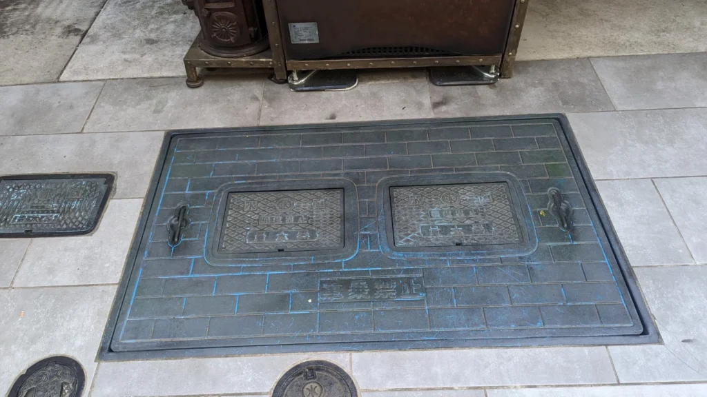 A large water meter box lid with a brick pattern and two smaller lids inside